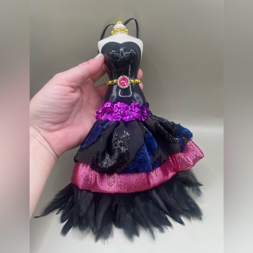 UNIQUE CREATIONS San Francisco Porcelain Doll Multicolor Dress Feather Ornament